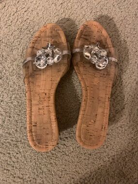 Women's Cork Slide Sandals with Clear Gem Accent - Silver
